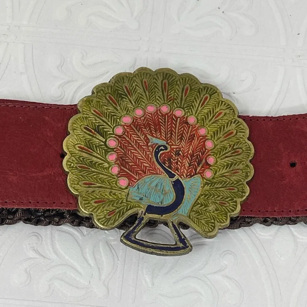 Lara Kazan Peacock Brass Buckle Belt Red Leather/Brown Crochet